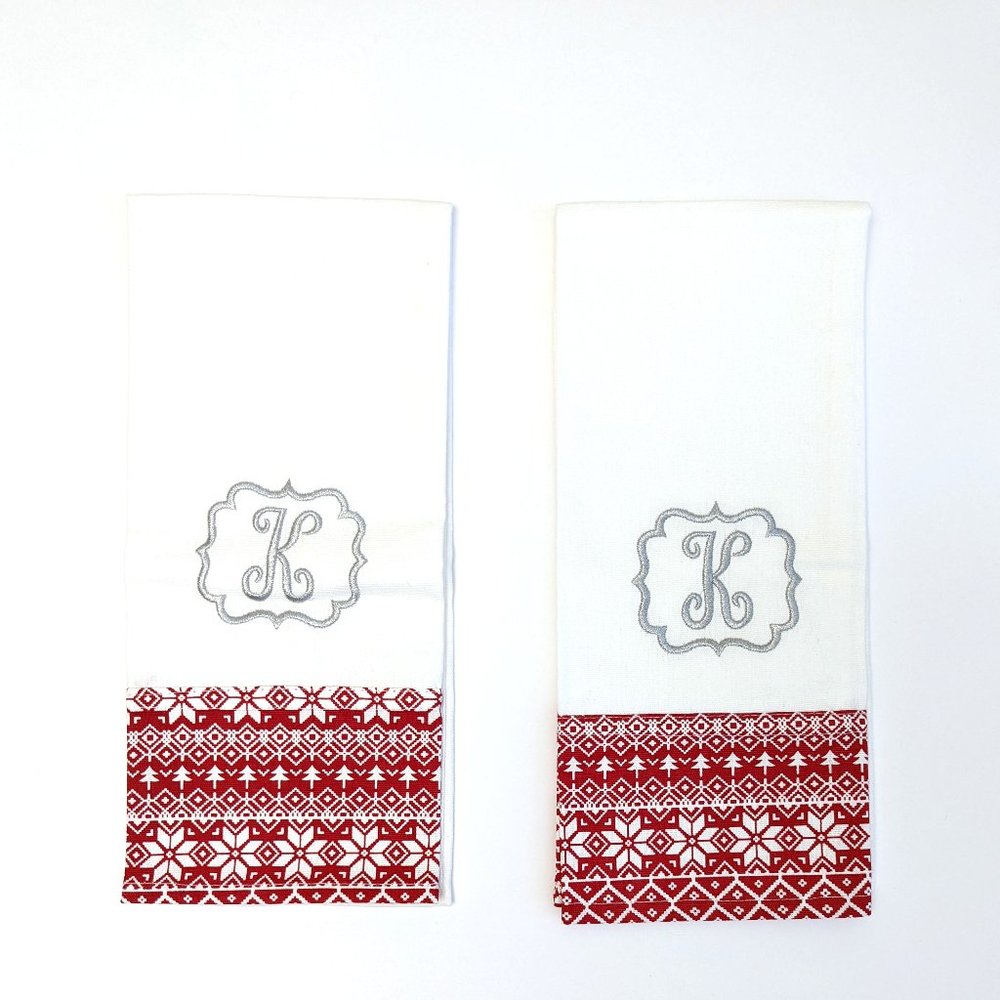 2 Pack White "K" Embroidered Hand Dish Drying Towels Holiday Christmas Fair Isle